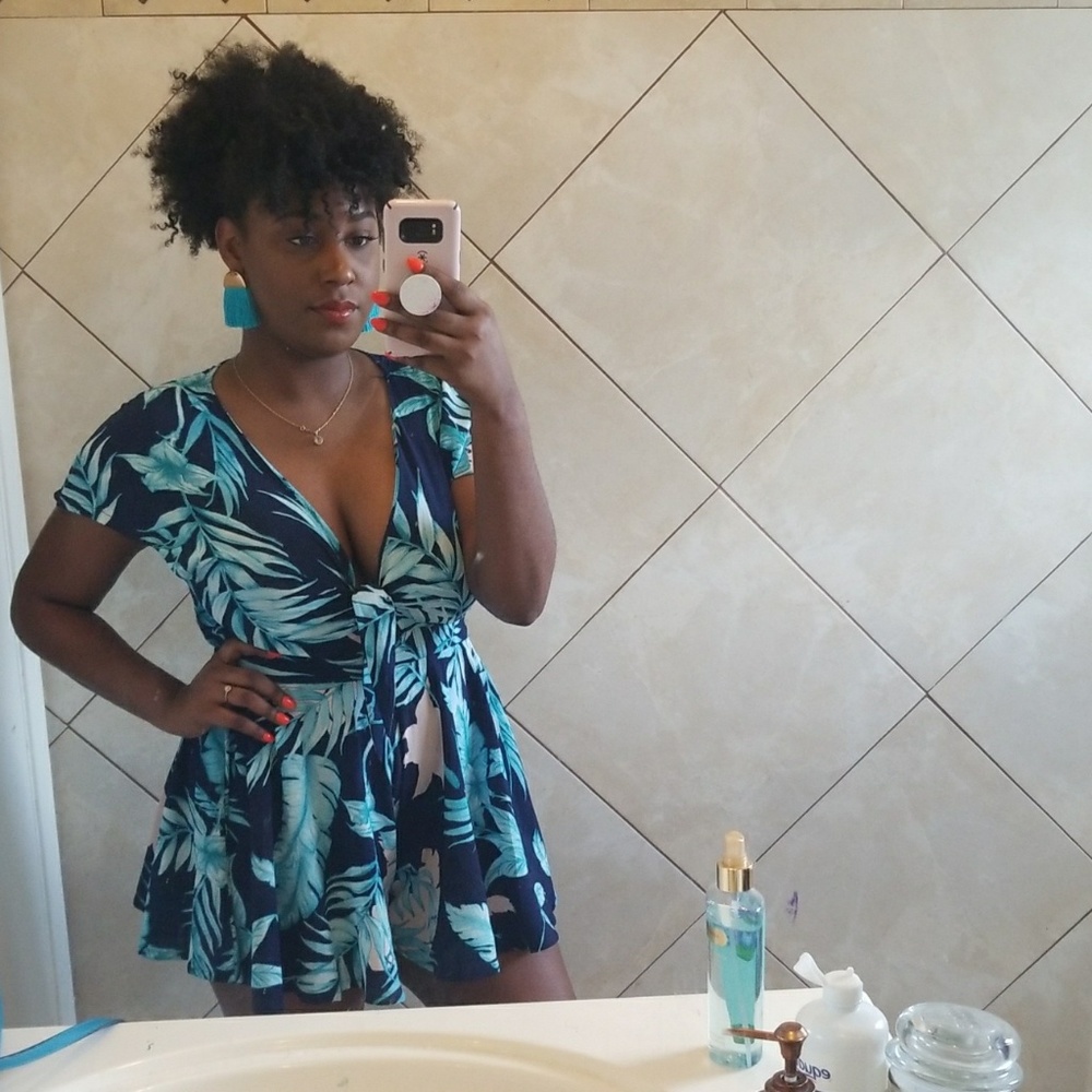 blue floral print flounce romper